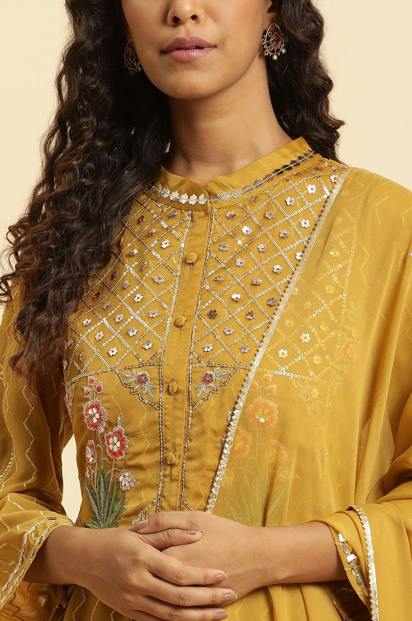 Yellow Embroidered Kurta, Pants And Dupatta Set - Image 5
