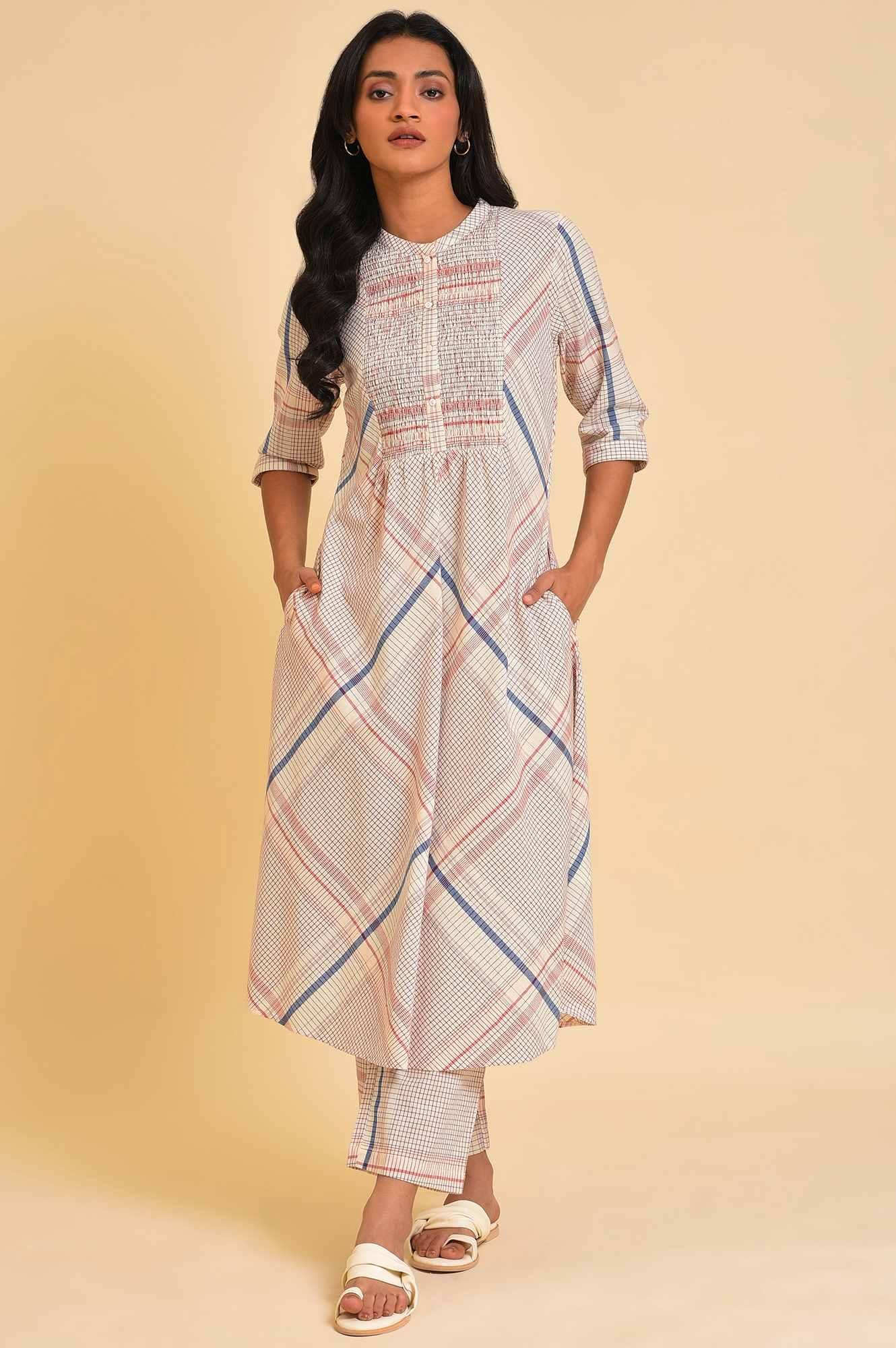 Ecru Bold Checks A-Line kurta & Pants Co-Ord Set - Image 7