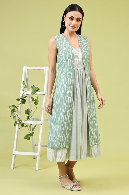White and Green Geometric Printed Flared Spaghetti Dress and Gilet Set - Image 4