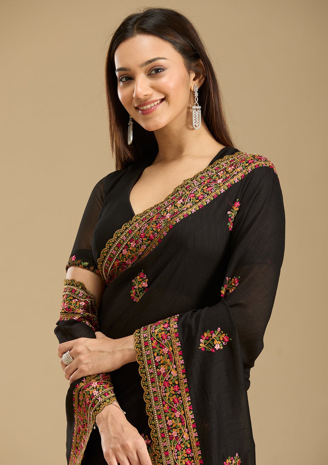 Black Kashmiri Soft Raw Silk Saree - Image 5